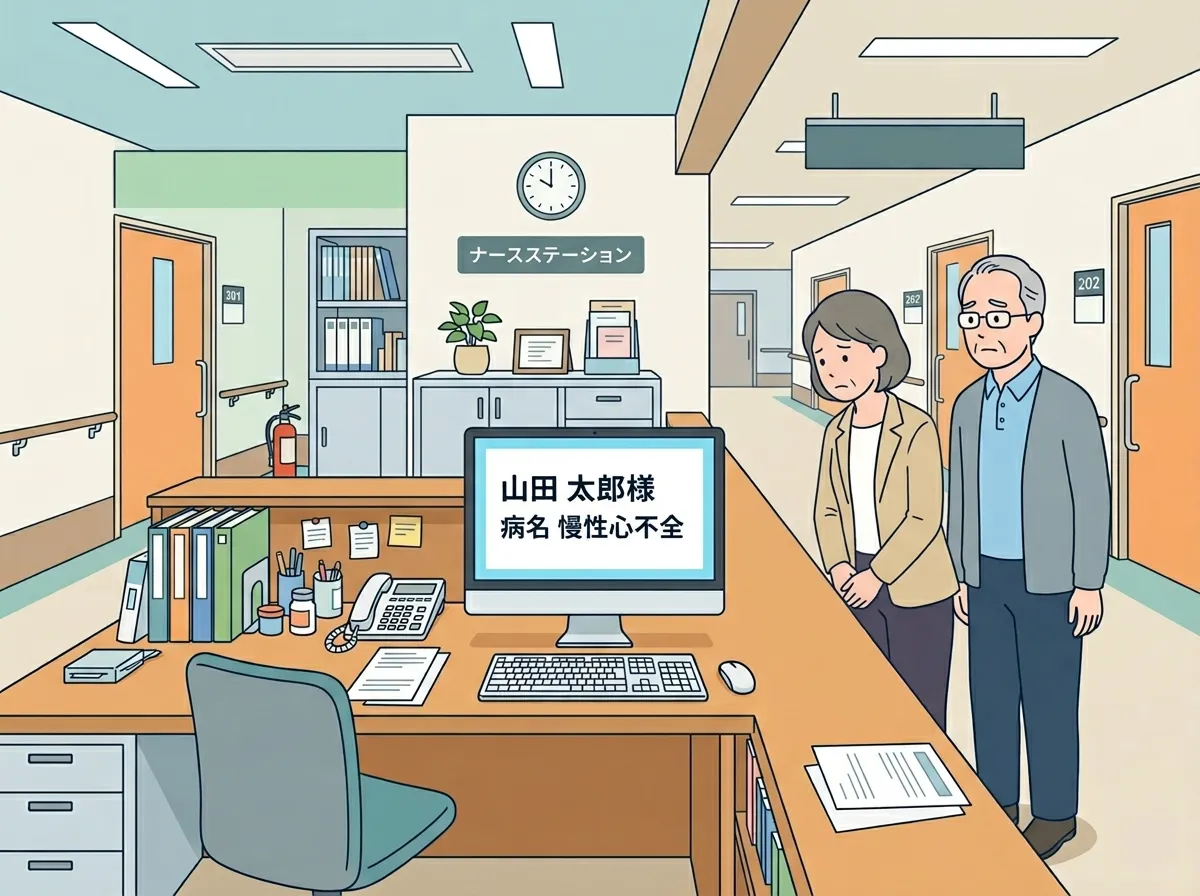 ナースステーションのPC画面に名前・病名が表示され、通りすがりの家族が視線を向けているイラスト